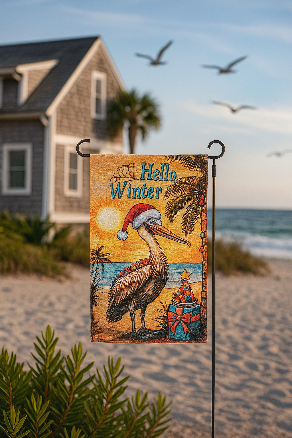 12x18” Double-Sided “Beachy Christmas Pelican” Garden Flag 🎄☀️ 🎅🌴