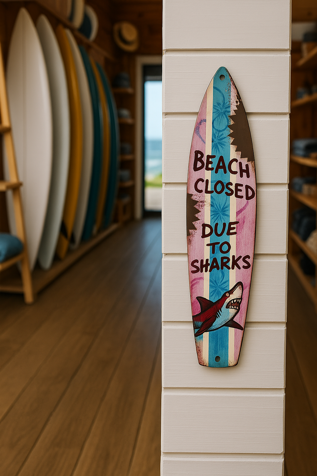 8” x 2” Metal Surfboard Magnet – “Beach Closed Due to Sharks” 🦈🏖️ 🌊🌴