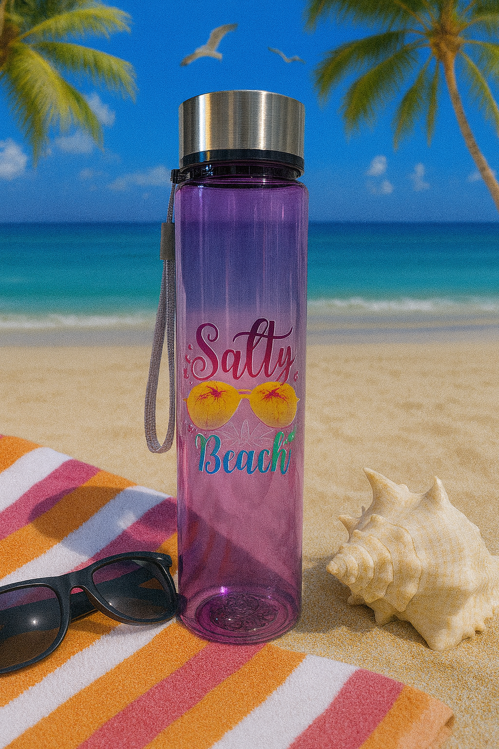 😎🌴 “Salty Beach” 💜 Purple Stainless Cap Water Bottle– Beach & Pool Ready 🐚☀️
