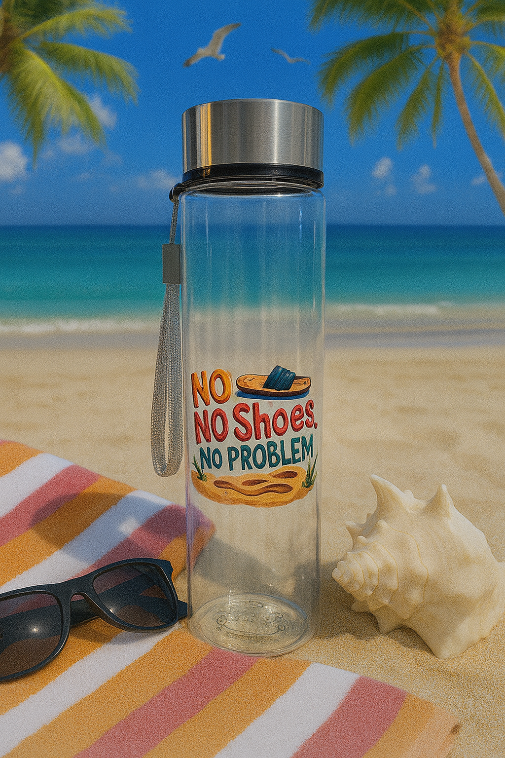 18oz WATER BOTTLE-🌴🥤 “No Shoes, No Problem” Beach Vibes Water Bottle-Beach and Pool ready🩴☀️