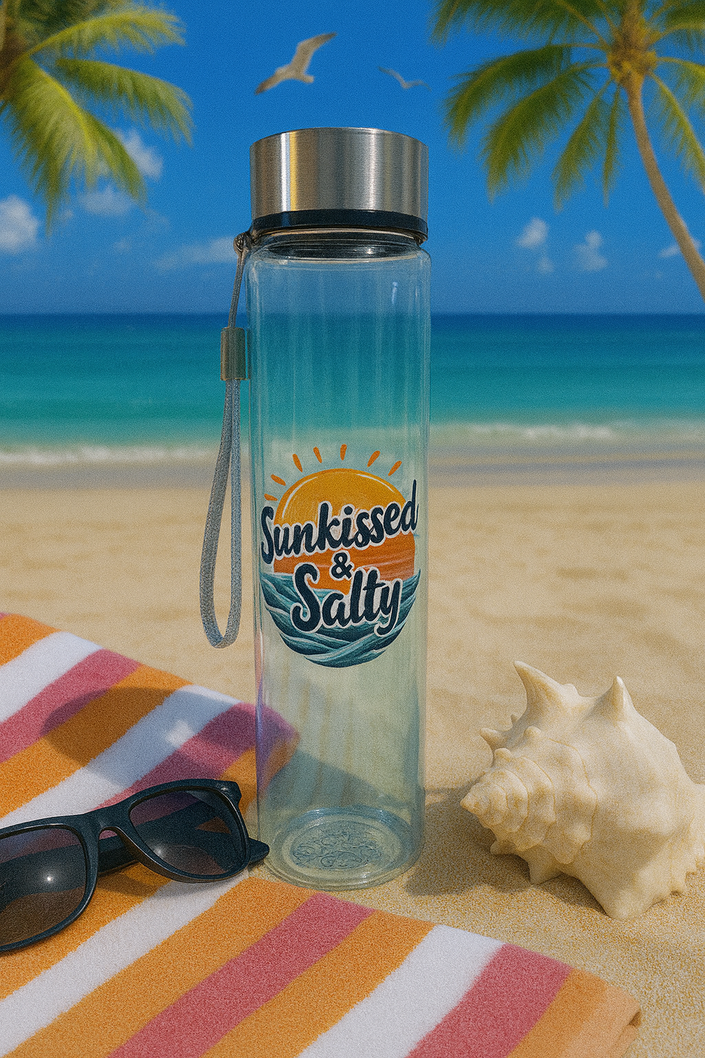 18oz Water Bottle-☀️🌊 “Sunkissed & Salty” 🐚 Clear Plastic Water Bottle – Beach & Summer Vibes 😎🏝️Beach and Pool ready🏖️🌊Vibes 😎🏝️