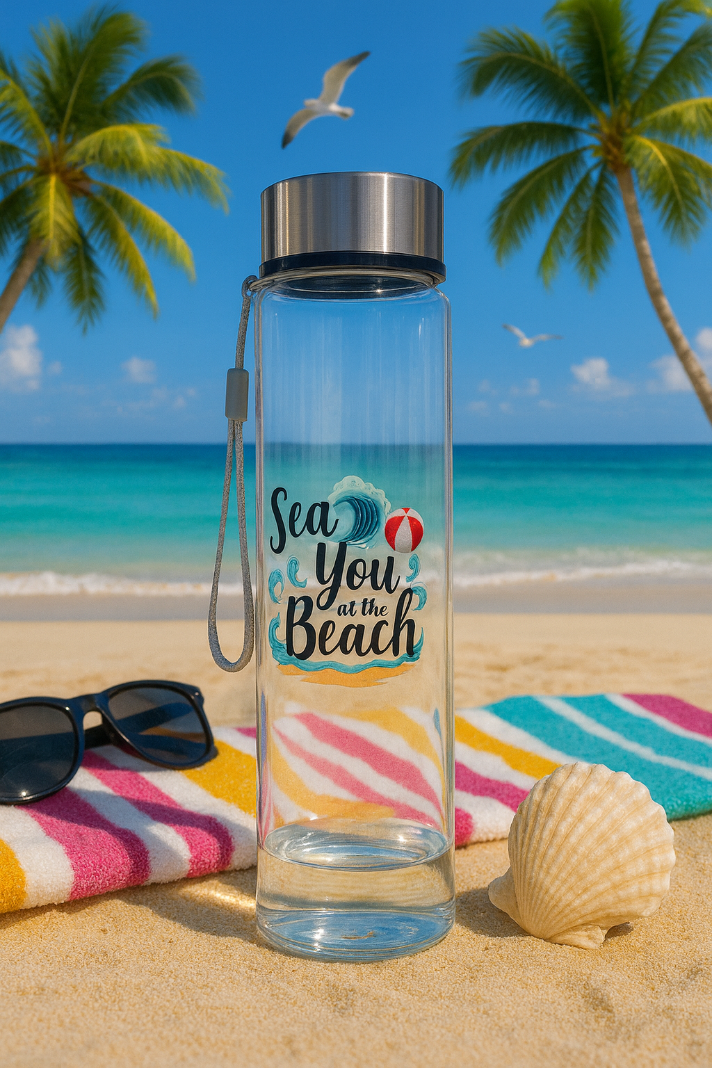 18oz Water Bottle-π "Sea You at the Beach" ποΈ Clear Glass Water Bottle | Summer Vibes-Beach and Pool ready βοΈπΆοΈ