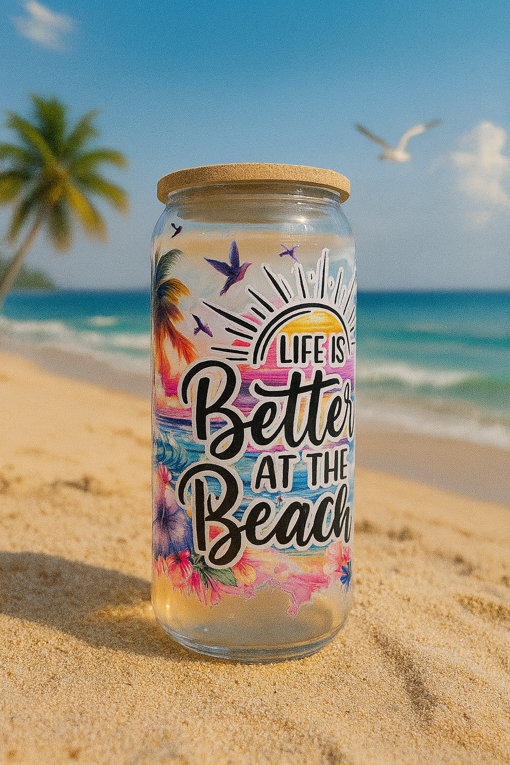 🌴✨ 16oz Beach-Themed Glass Tumbler with Bamboo Lid & Straw ✨🌴