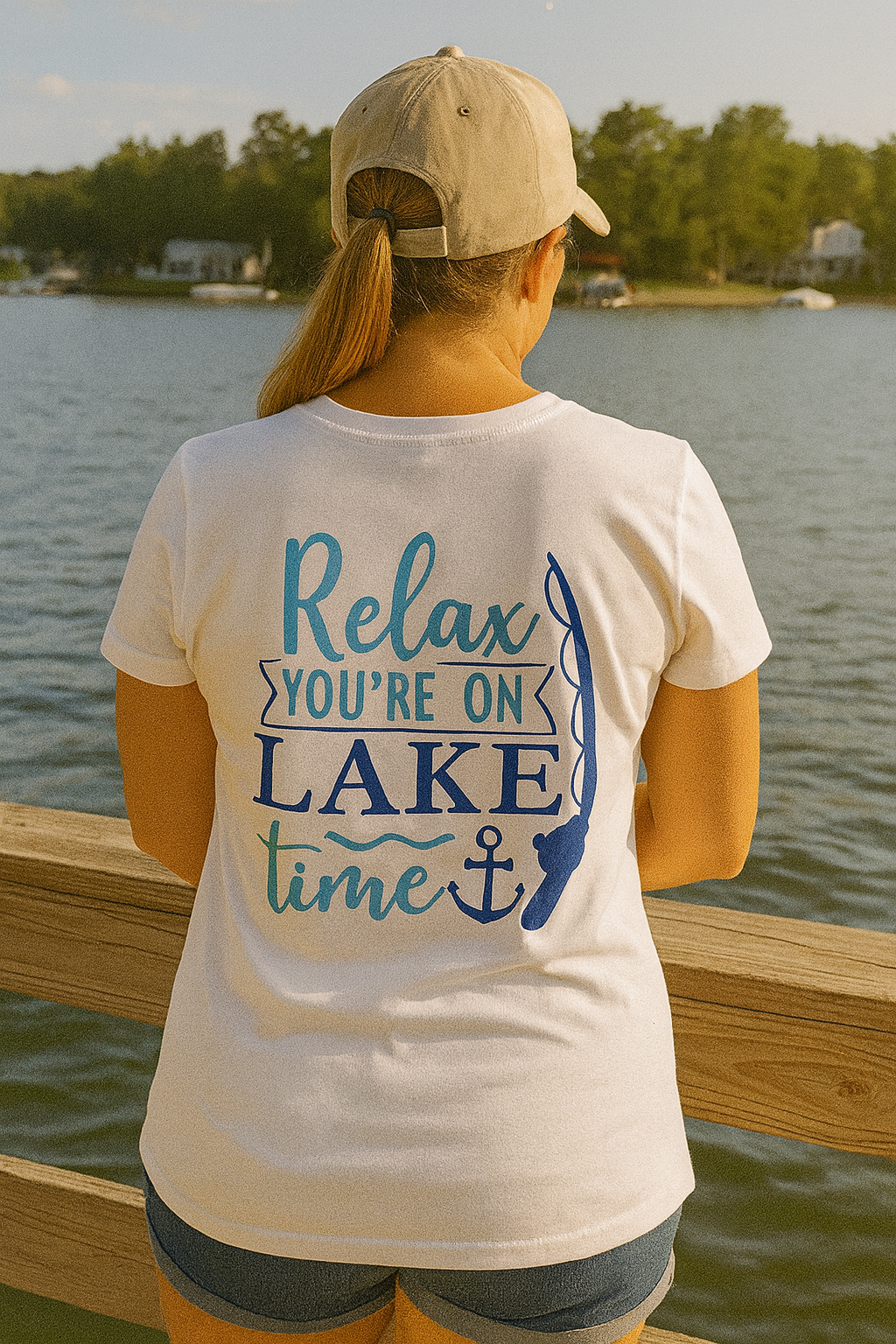 Womens White 100% cotton “Relax, You’re On Lake Time” Tee🚤⚓😎