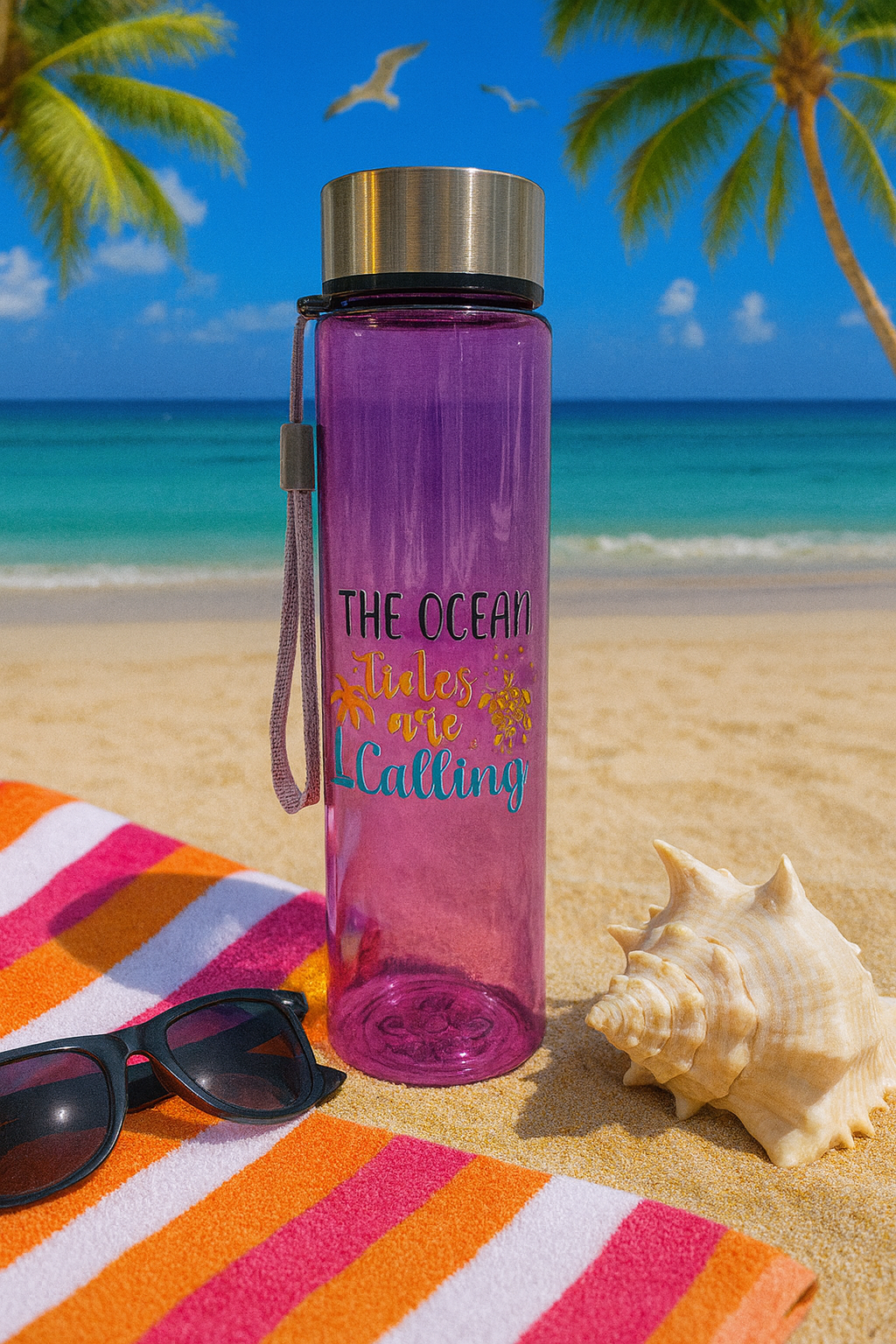 🌊🐢 “The Ocean Tides Are Calling” 💜 Stainless Cap Beach Water Bottle– Beach & Pool Ready 🌴☀️