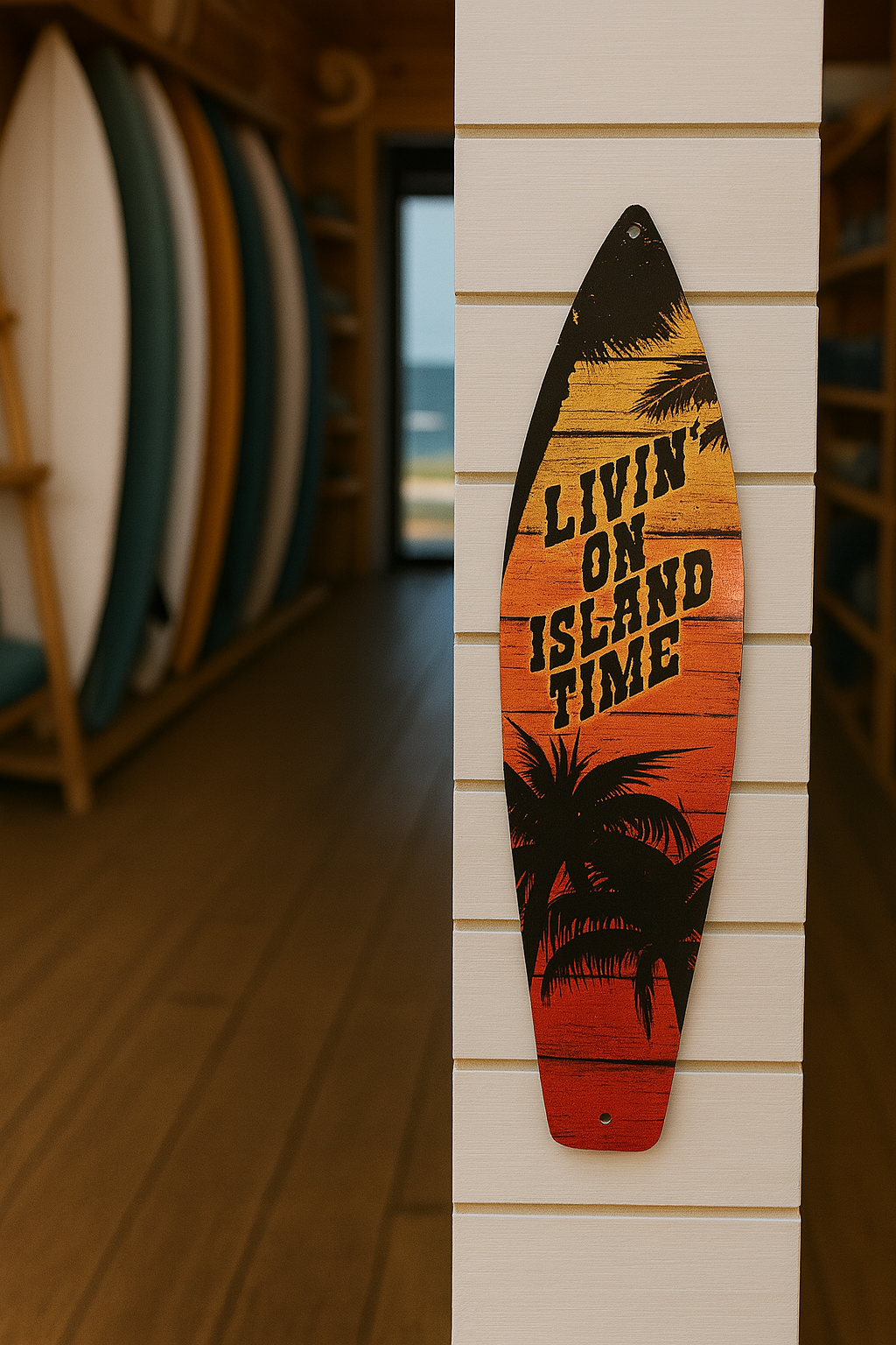 8” x 2” Metal Surfboard Magnet – “Livin’ on Island Time” 🌴🌅🏝️🍹