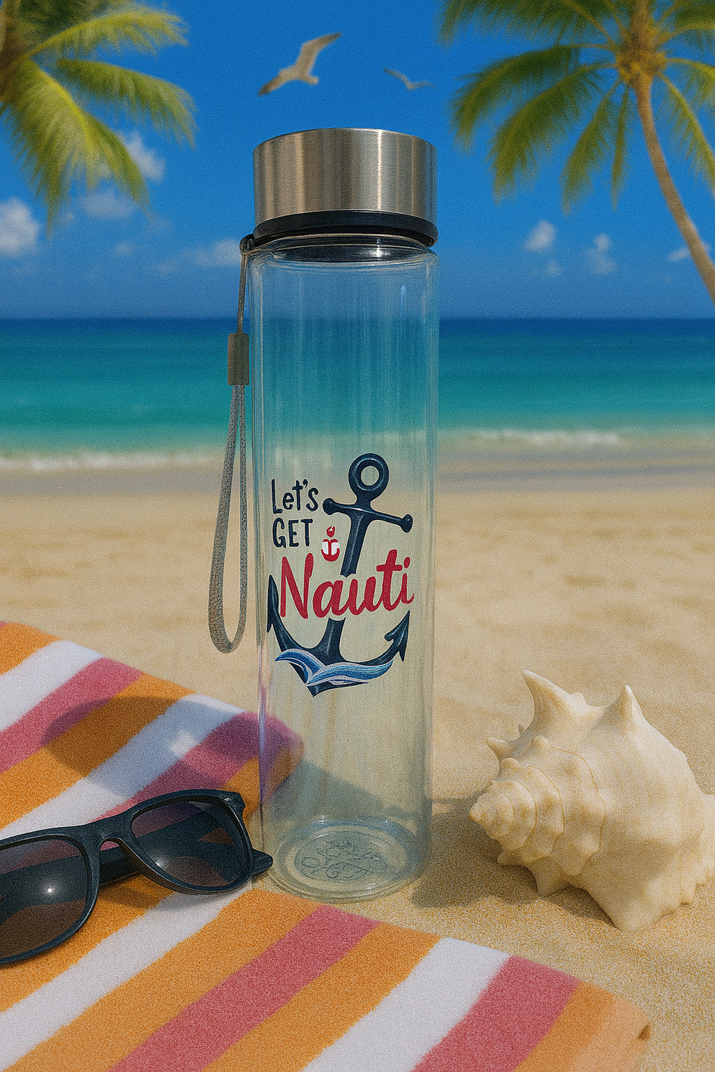 18oz WATER BOTTLE-β Letβs Get Nauti π¦ Nautical Beach Vibes Water Bottle-Beach and Pool ready ποΈπ
