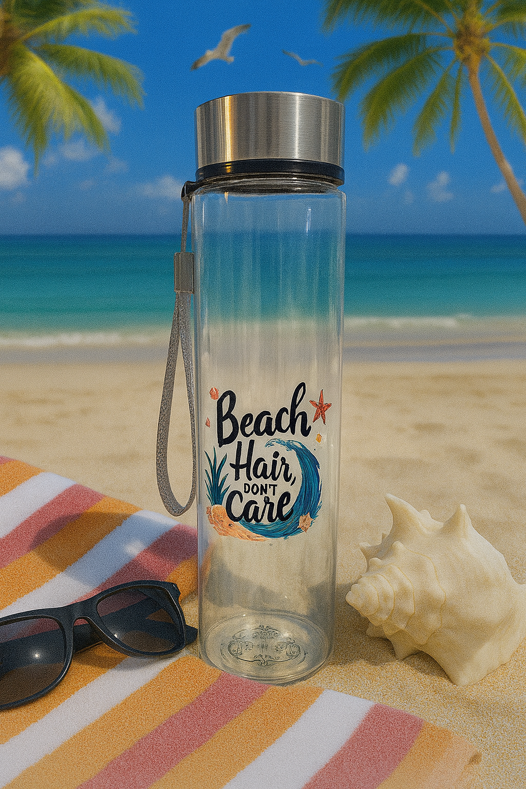 18oz WATER BOTTLE-๐๏ธ๐ โBeach Hair, Donโt Careโ Clear Water Bottle ๐โ๏ธ โ Coastal Summer Vibes!-Beach and Pool ready๐โ๏ธ๐น.