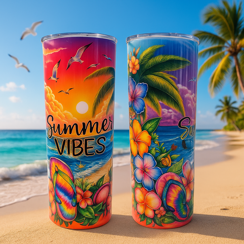 🌊🍹 “Flip-flops, sunshine, and endless sips 🌺☀️ Our Summer Vibes tumbler keeps your drinks cool while you soak up the beach life!” 🌴✨