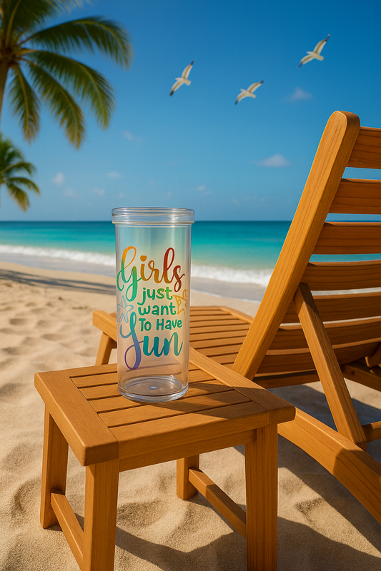 🌴🩱 “Girls Just Want To Have Sun” 18oz Plastic Tumbler ☀️👙