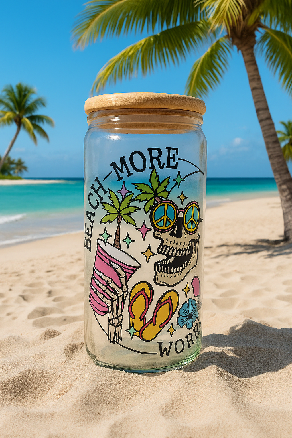 💀🍹 “Less stress, more sunsets 🌅… just sip it & beach more, worry less! 16oz🩴🌴🥤”