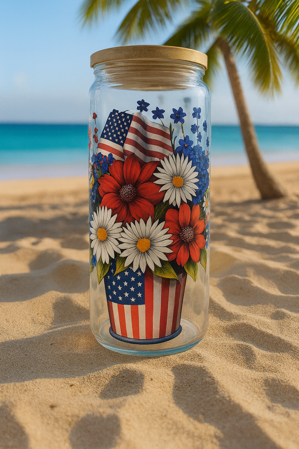 🇺🇸 Patriotic Floral Glass Tumbler – 16oz 🌺🌼 Celebrate freedom with every sip!