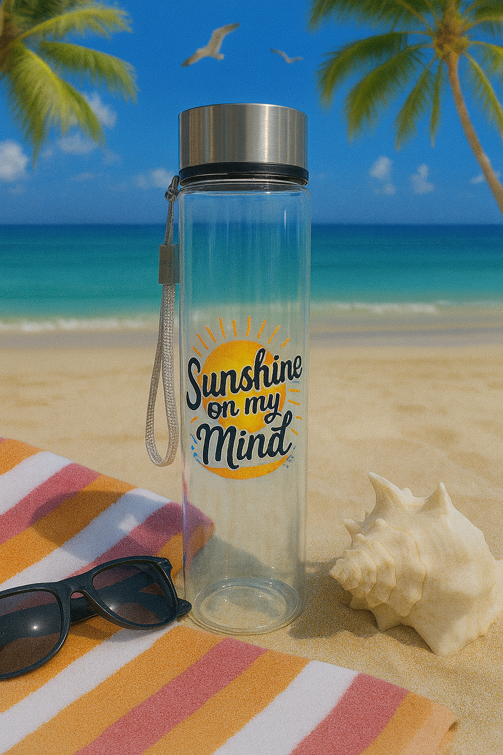 18oz WATER BOTTLE-🌞 “Sunshine On My Mind” ☀️ Clear Beach Water Bottle-Beach and Pool ready🏖️💧