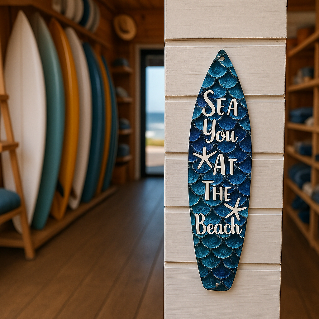 8” x 2” Metal Surfboard Magnet – “Sea You At The Beach” 🌊🌴 🐚⭐