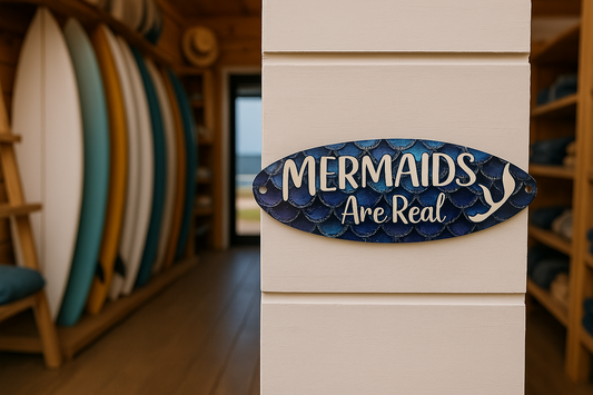 8” x 2” Metal Surfboard Magnet – “Mermaids Are Real” 🧜‍♀️🌊🐚✨