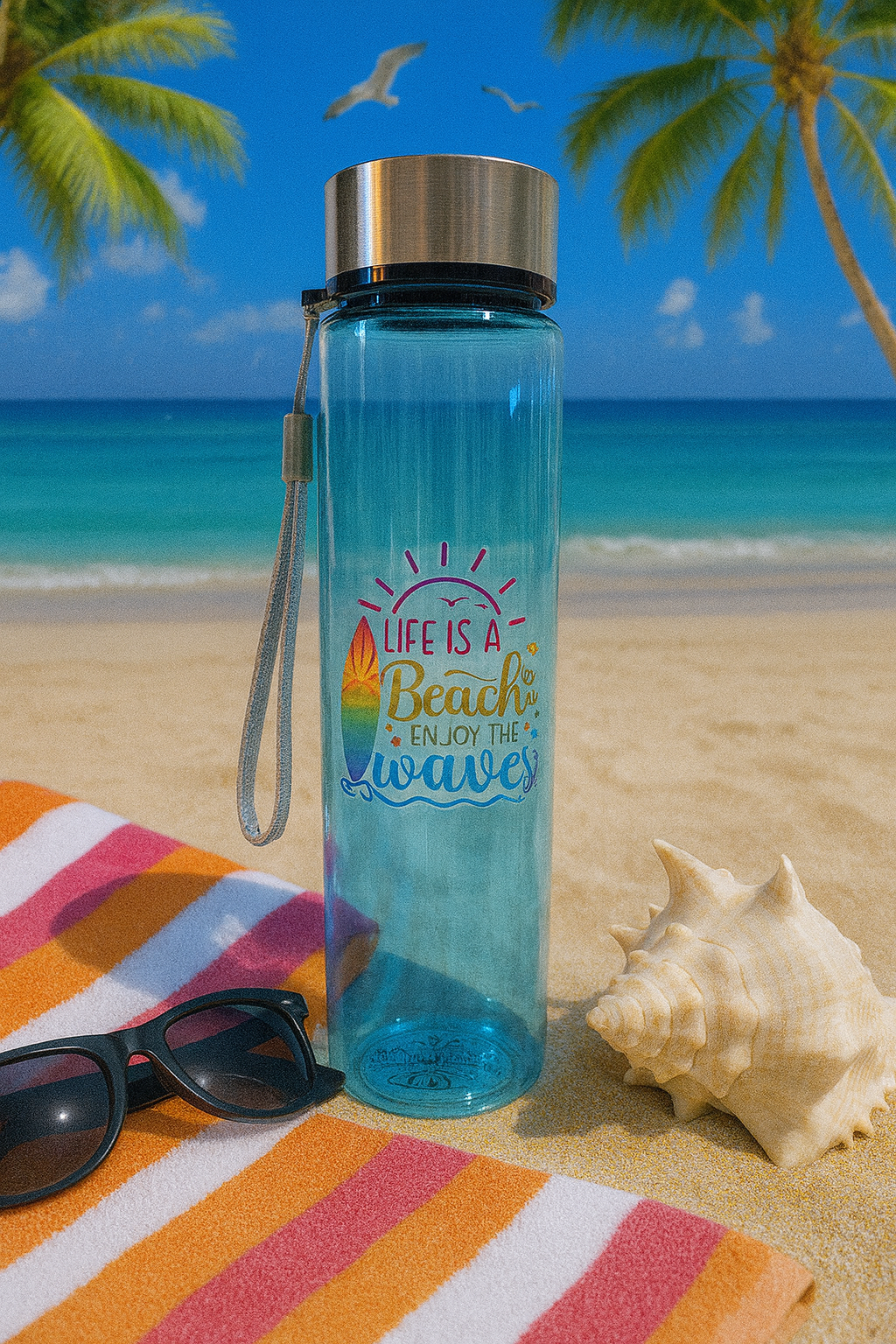 🌊☀️ “Life is a Beach – Enjoy the Waves” 🏄‍♀️ Aqua Stainless Cap Water Bottle – Beach & Pool Ready 🐚😎