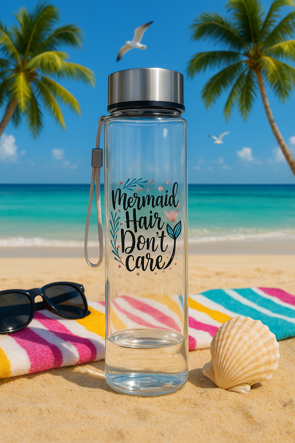 🧜‍♀️🌊 “Mermaid Hair, Don’t Care” 🐚 Clear Stainless Cap Water Bottle – Beach & Pool Ready ☀️😎