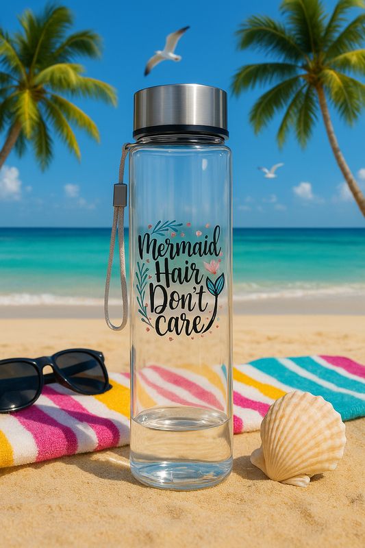 🧜‍♀️🌊 “Mermaid Hair, Don’t Care” 🐚 Clear Stainless Cap Water Bottle – Beach & Pool Ready ☀️😎
