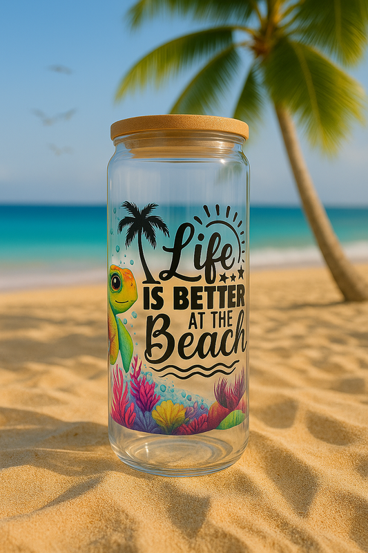 ☀️🌴 Life is Better at the Beach – Tropical Glass Jar 🏝️🐢16oz
