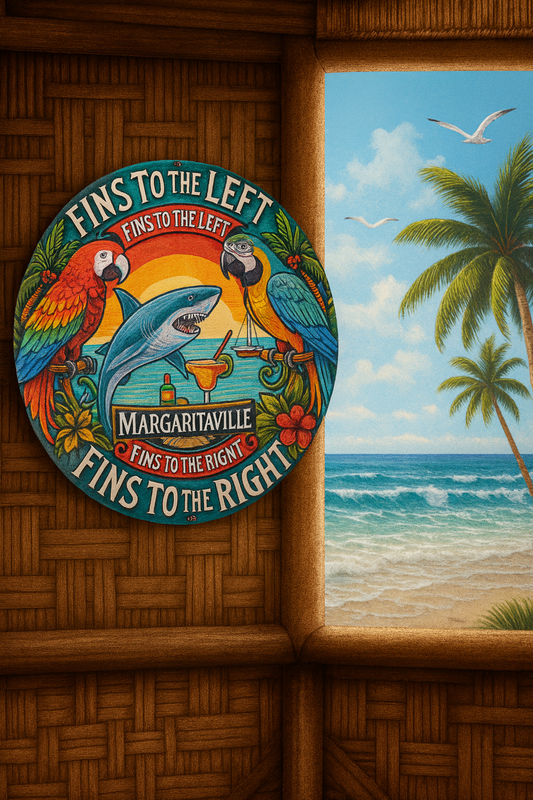 🌴🦜 8" Round Margaritaville  “Fins to the Left, Fins to the Right” Metal Sign 🦈🍹