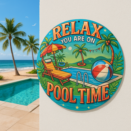 🏖️🌴 8" Round "Relax – You Are On Pool Time" Metal Sign 🏊‍♂️☀️