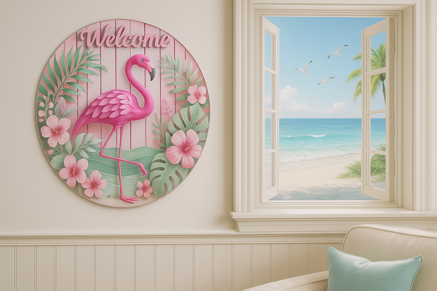 🌺 🦩Tropical Flamingo Welcome Sign 🦩☀️