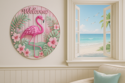 🌺 🦩Tropical Flamingo Welcome Sign 🦩☀️