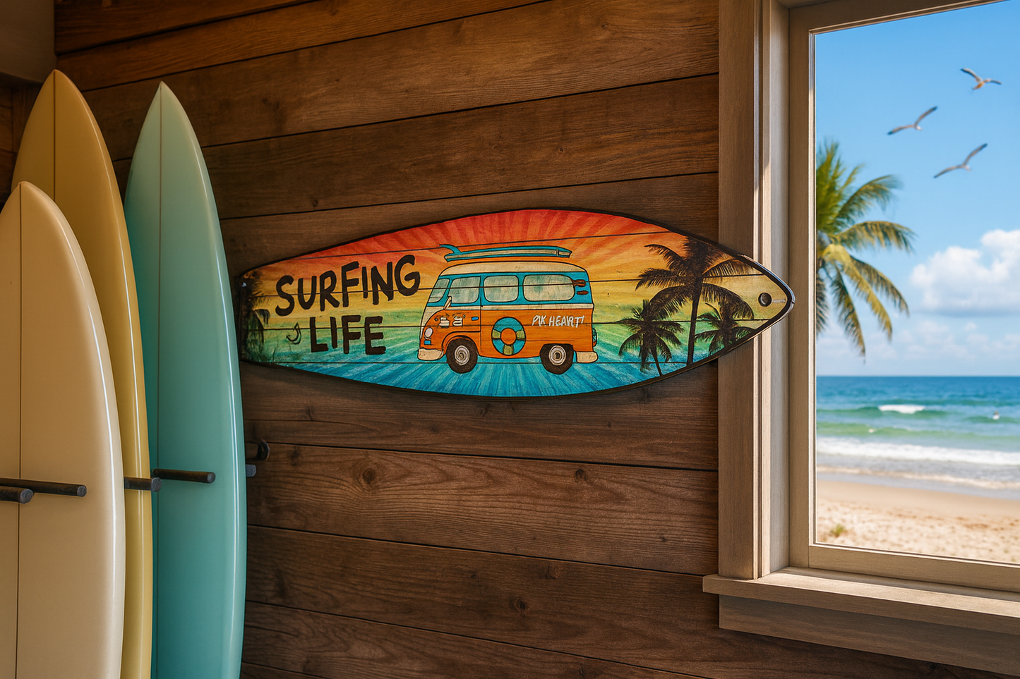 17" x 4.5" “Surfing Life” Metal Surfboard Sign – Retro Beach Van Design 🏄‍♂️🌴🌺🌊