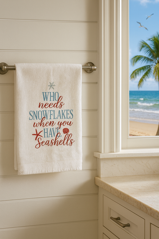 18" x 26" Coastal Polyester Kitchen Towel – “Who Needs Snowflakes When You Have Seashells” 🌴❄️🐚⭐