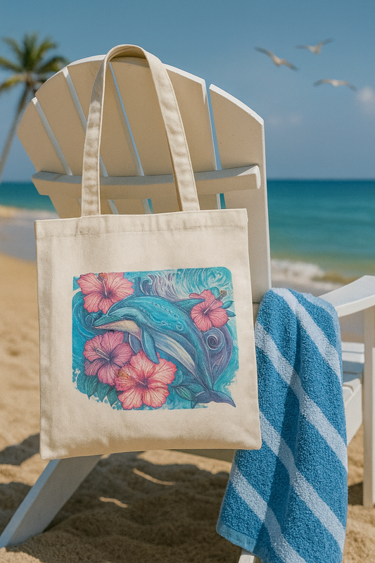 Tropical Dolphin & Hibiscus Canvas Tote Bag 🐬🌺