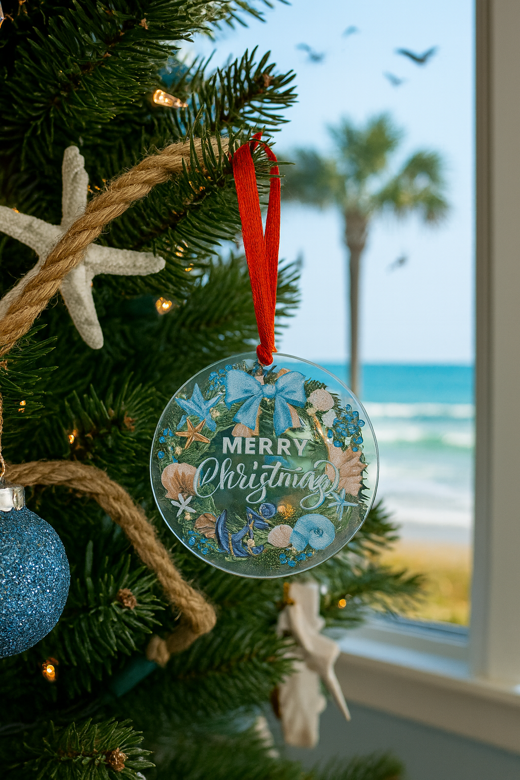 2D Flat Print 3.15-Inch Round Christmas Beach Acrylic Ornament 🎄🌊🌴🐚