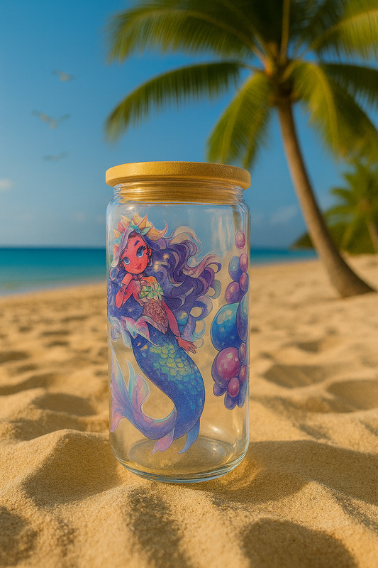 🌊🏝️ Tropical Paradise Mermaid Glass Jar 16oz