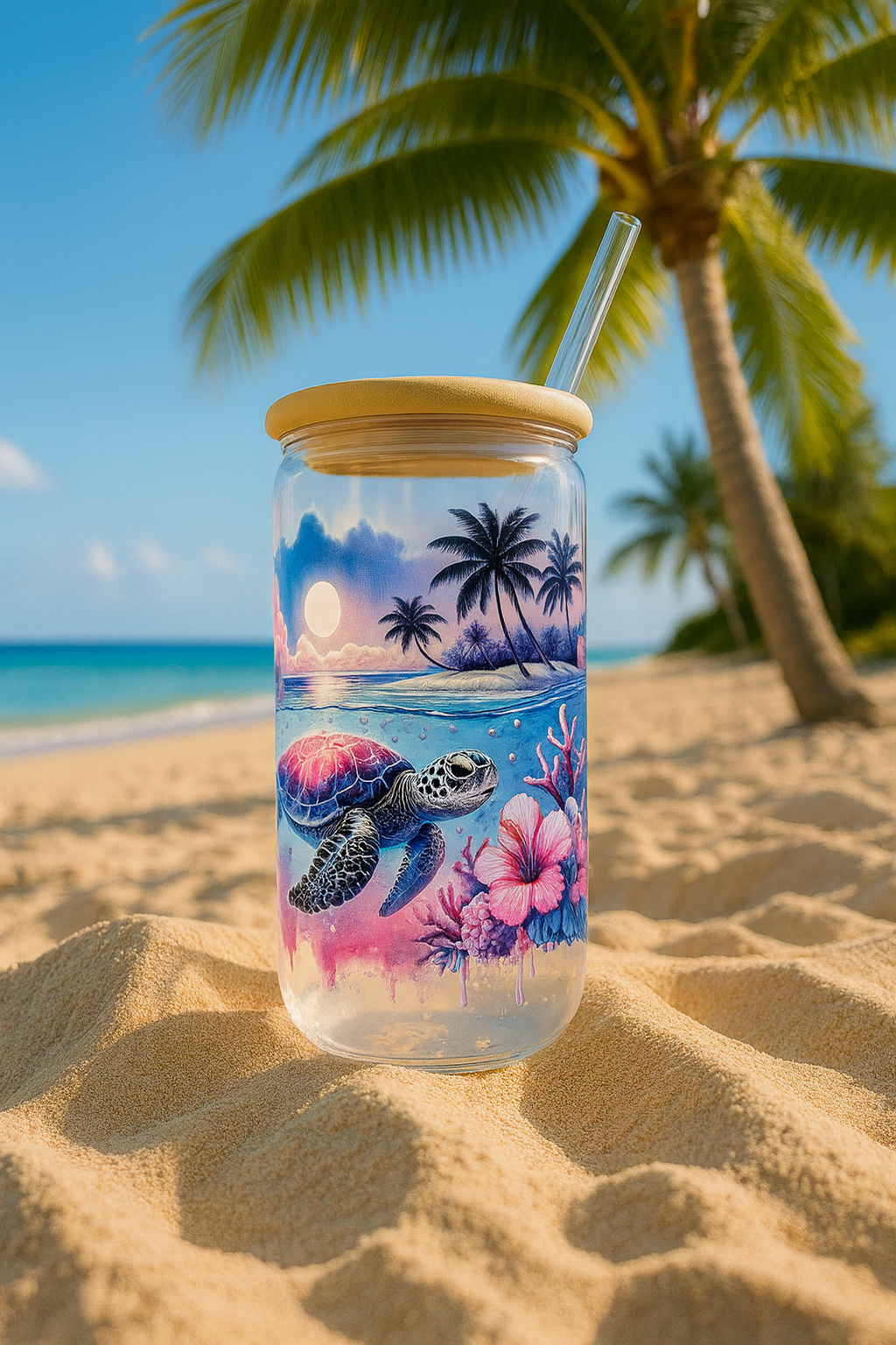 🌴☀️ Tropical Turtle Tumbler 🌸 Floral and coral reef accents 16oz