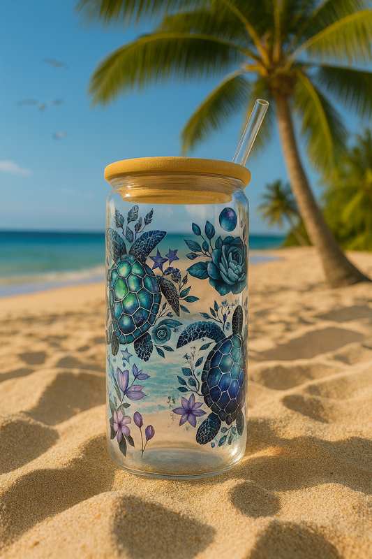 🌴🐢 Tropical Turtle Glass Jar – Now with GLASS STRAW! 16oz🐢🌞