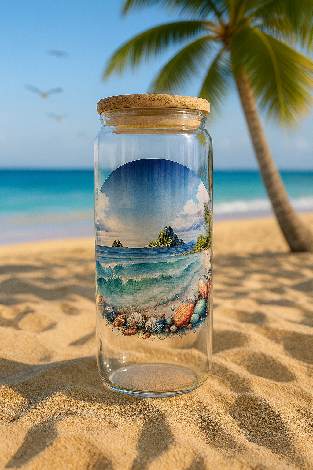 🏖️ A pristine sandy shoreline 🌴 Lush green palm trees 🌅beach scene16oz