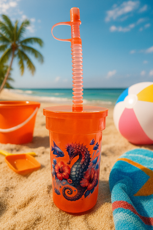"🧡🌊 Sip the Sea Magic! 🐚✨ Bright colors, fun seahorse design & spill-free straw make every drink an adventure! 🥤🐠 #KidsCups #OceanVibes"