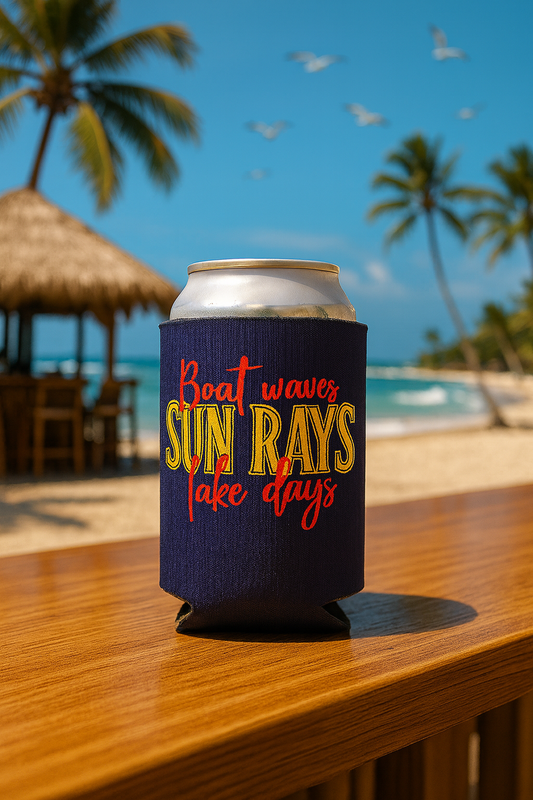 Navy Blue 12oz Neoprene Coozie – “Boat Waves, Sun Rays, Lake Days” 🌊☀️🌴🛶