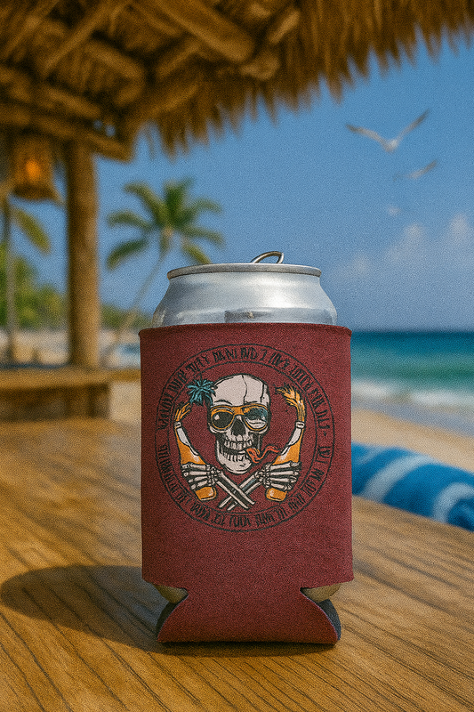 💀 Skull & Bottles Koozie – Bold skull design with crossed bottles & island attitude 🔥🌊