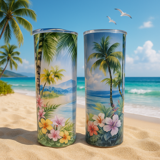 ☀️🌺 “Paradise in every sip 🌴🌊✨ This tropical beach scene tumbler brings island vibes wherever you go!” 🥤🏝️