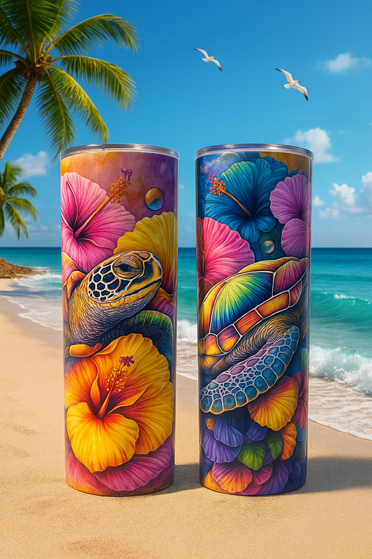 🌴🐢 “Bring the tropics to every sip! 🌺✨ With bold hibiscus blooms & a sea turtle twist, this tumbler is pure paradise in your hands. 🌊🌞”