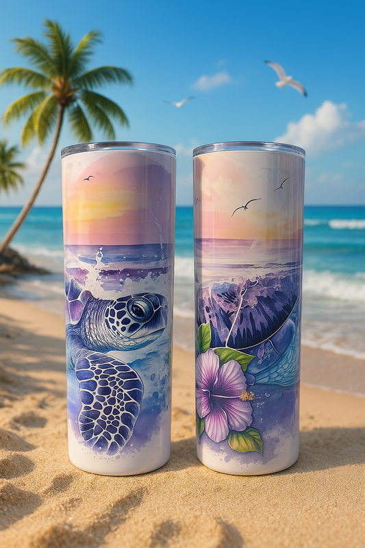 🌅🐢 “Ride the waves, chase the sunset, and sip in sea turtle style! 💜✨ This purple ocean beauty is made for true beach lovers.” 🌊🌸