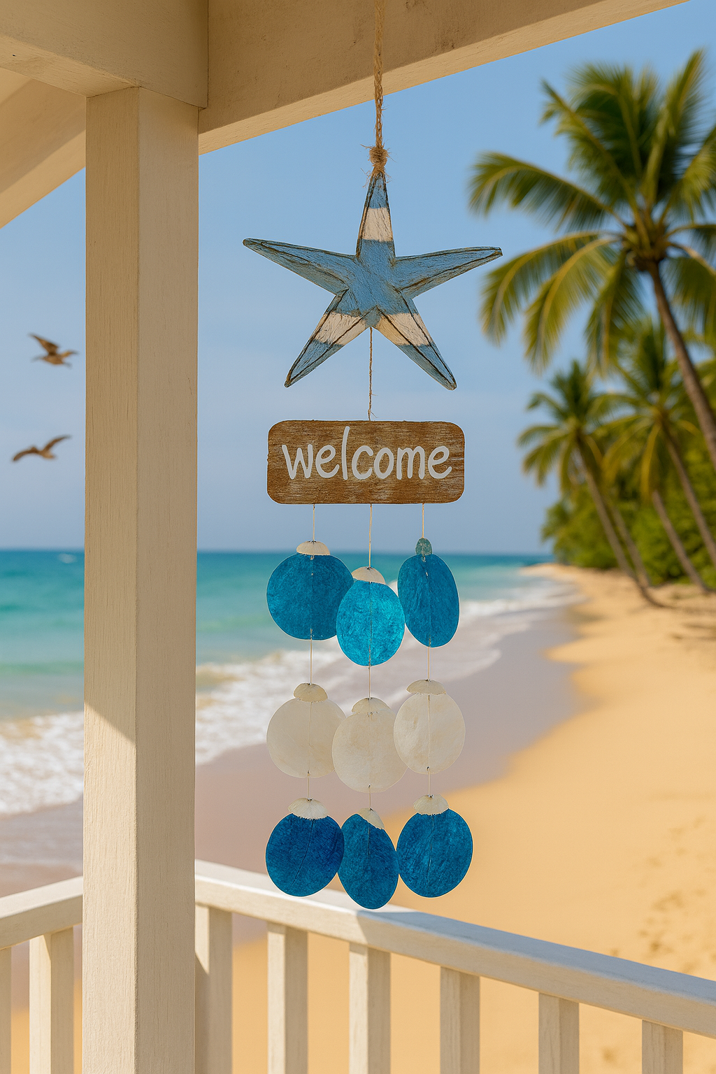 Wood Starfish “Welcome” Hanging Decor – 16” Coastal Wind Chime 🌊🌴🐚