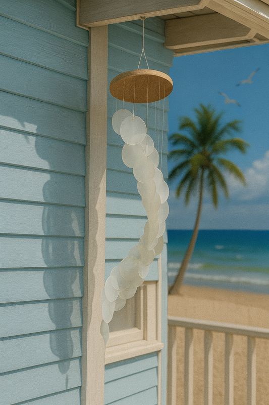 25" White Capiz Shell Spiral Wind Chime – Coastal Driftwood Style 🐚🤍🌊