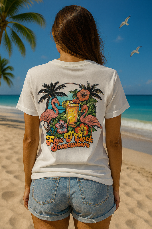 🍹🌺 "Five O'Clock Somewhere" Flamingo Tee 🌴🦩