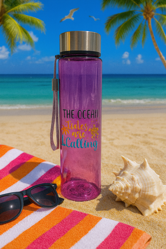 🌊🐢 “The Ocean Tides Are Calling” 💜 Stainless Cap Beach Water Bottle– Beach & Pool Ready 🌴☀️