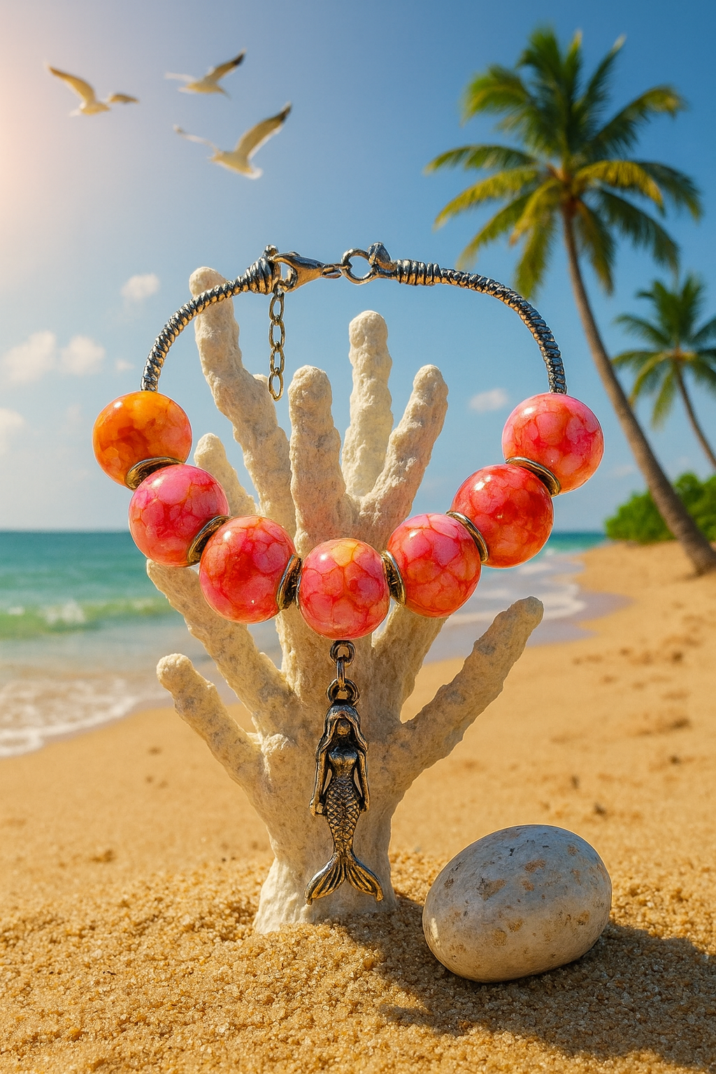 🧜♀️ Sunset Siren – Handcrafted Mermaid Charm Beach Bracelet 🐚🌊