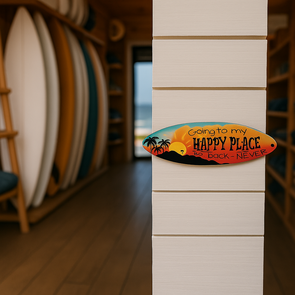 8” x 2” Metal Surfboard Magnet – “Going to My Happy Place” 🌅🌴 🏖️✨