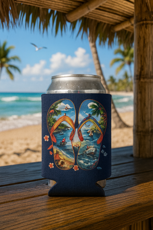 ✨🥤 Flip-Flop Beach Scene Koozie 🩴🌊 | Tropical 12oz Neoprene Drink Sleeve
