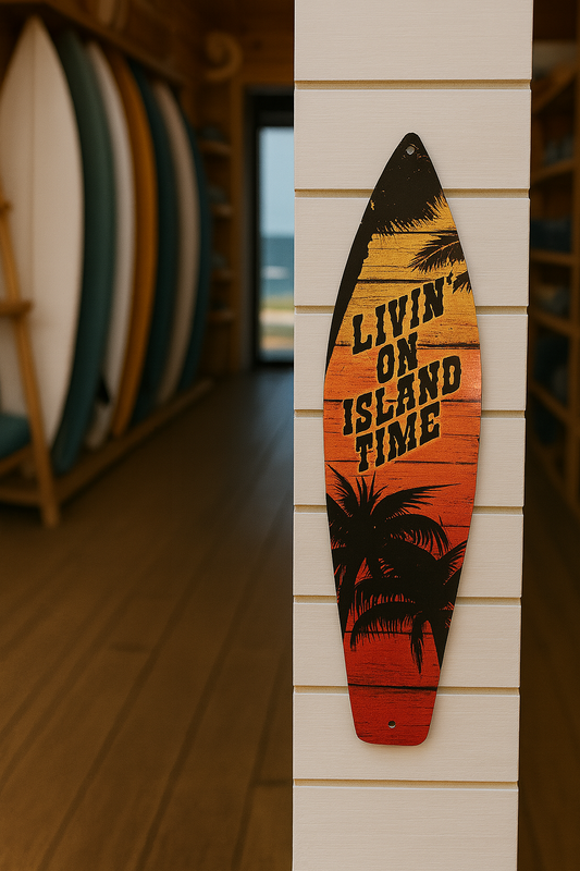 8” x 2” Metal Surfboard Magnet – “Livin’ on Island Time” 🌴🌅🏝️🍹