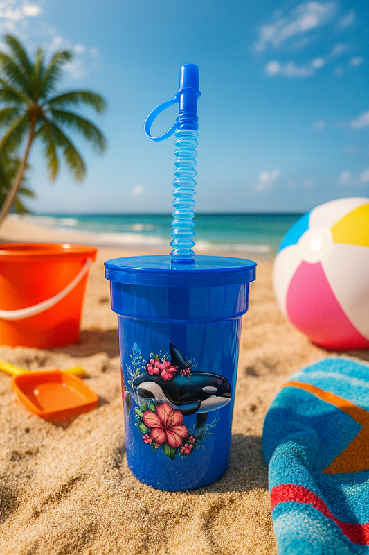 "🐳🌺 Sip in Style! 💦 Our 10oz kids’ cup with matching straw keeps drinks fun, spill-free & full of color! 🏖️✨ #KidsCups #FunSips"